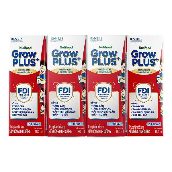 Lốc 4 hộp sữa pha sẵn Nutifood GrowPLUS+ đỏ ít đường hương vani 180 ml cho trẻ suy dinh dưỡng, thấp còi (từ 1 tuổi) - Giao bao bì ngẫu nhiên 1